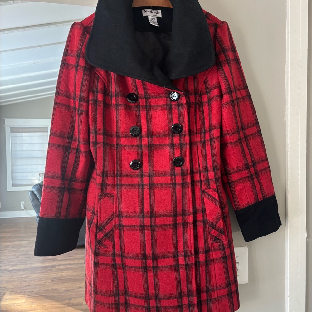 NorthStyle Red and Black Plaid Pea Coat